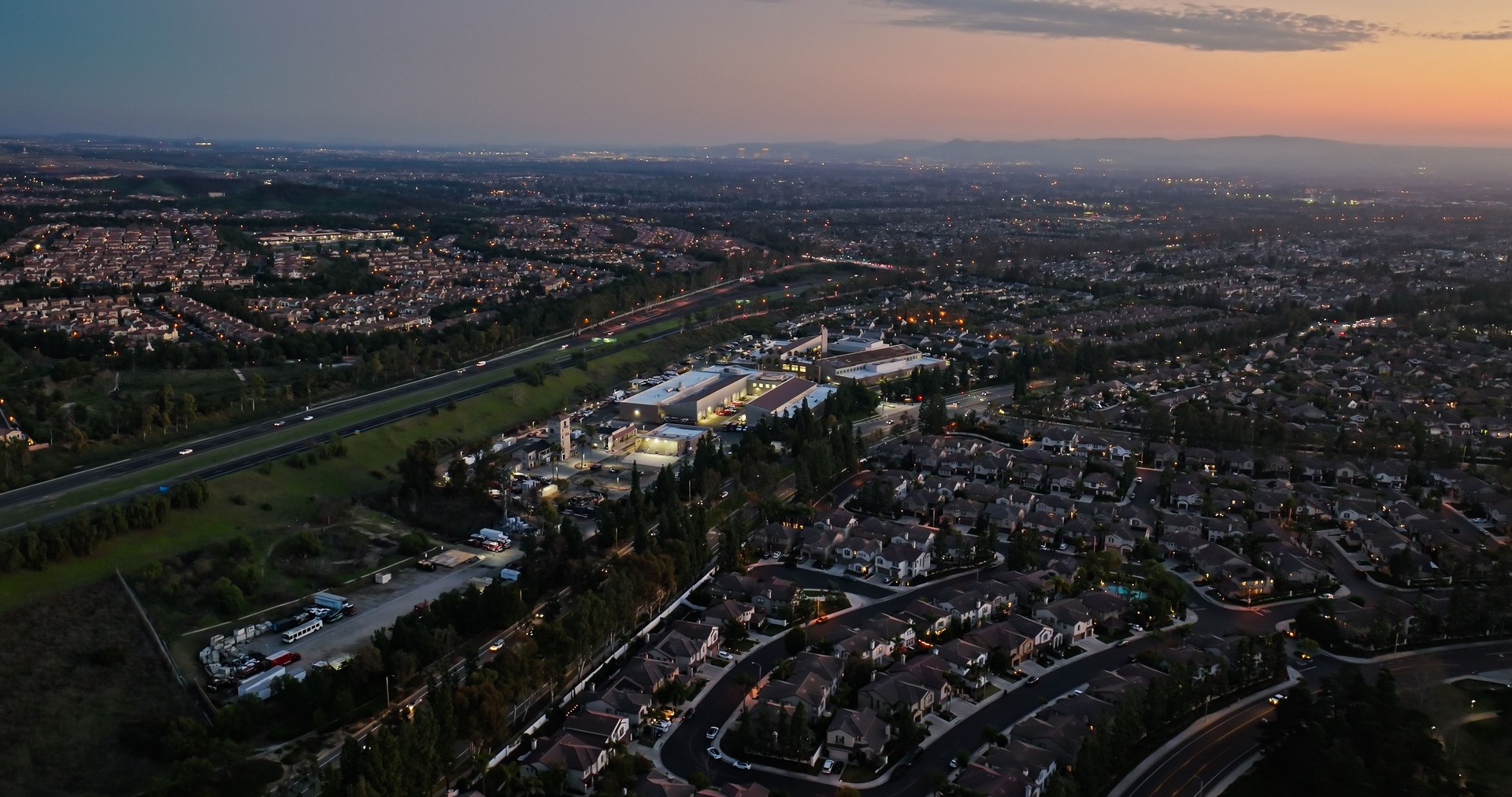 Aerial Shot of Suburban Orange County at Twilight